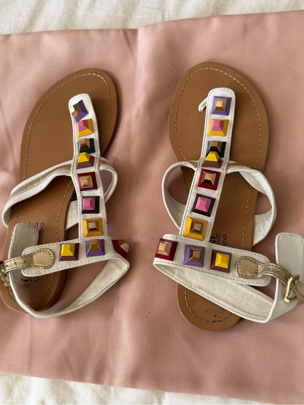 Catherine Malandrino White T-Strap Sandals with Multicolor Square Studs